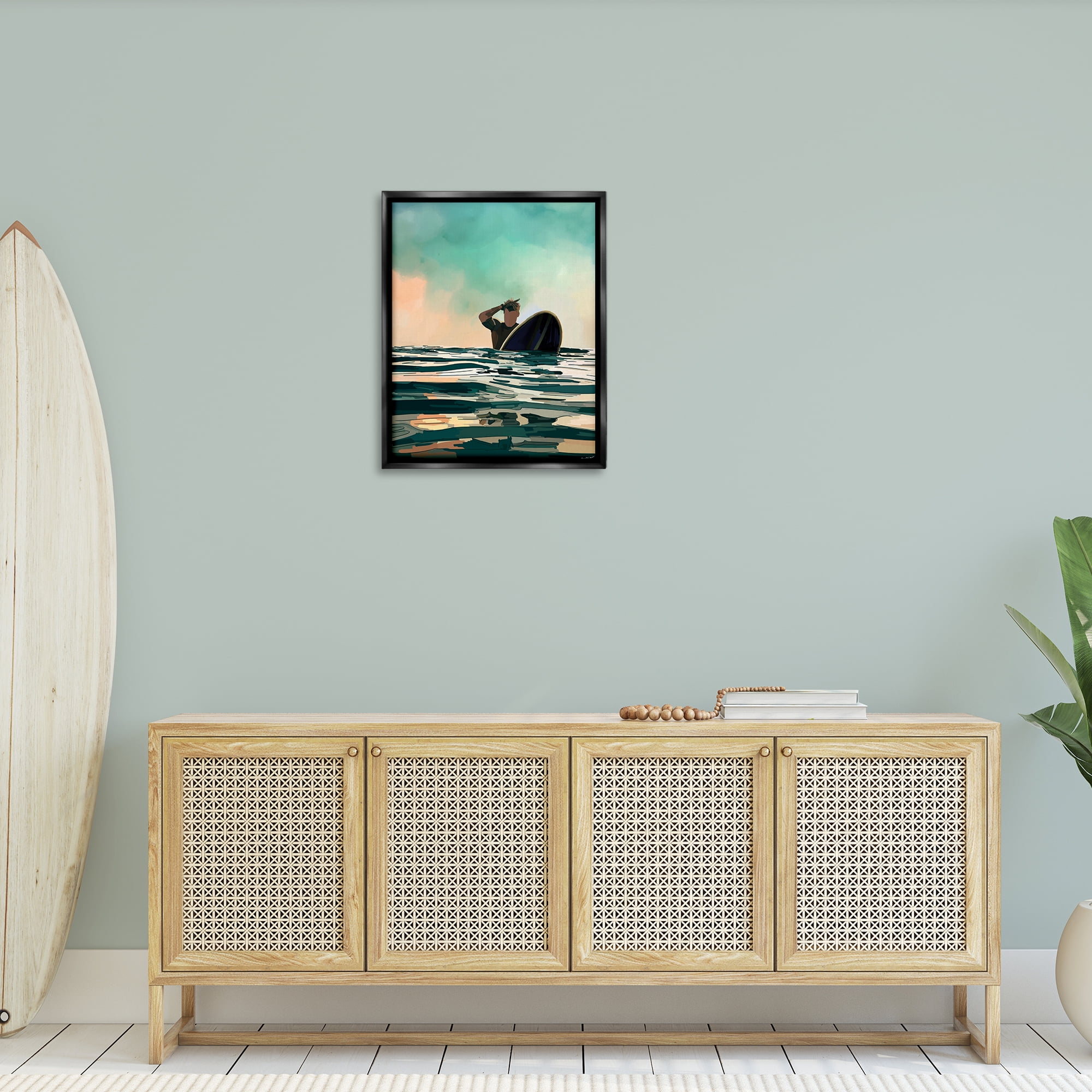 Stupell Industries Surfer with Ocean Reflection Nautical & Beach Painting Black Floater Framed Canvas Art Print Wall Art, 25 x 31