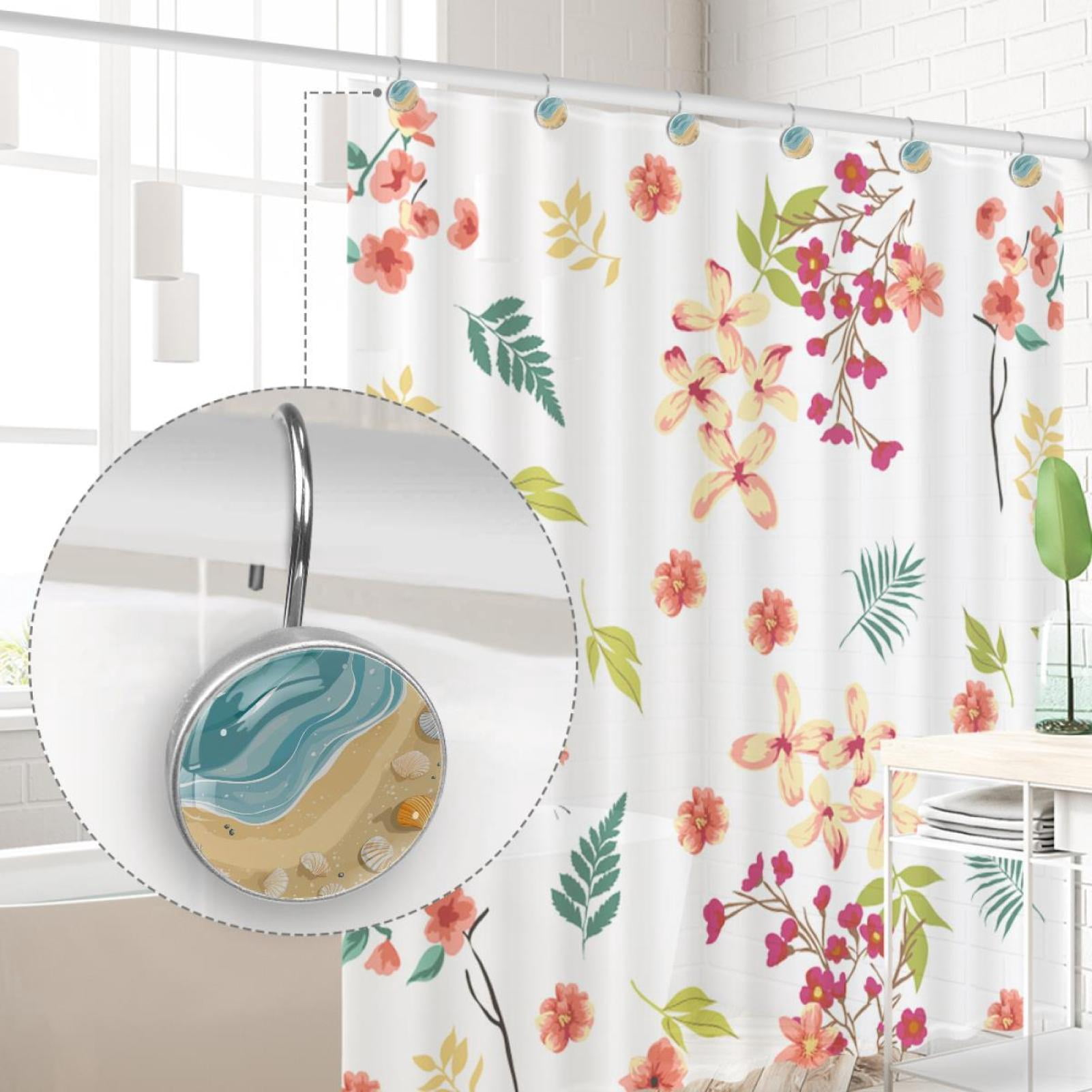 Beach Sand Shells Seawater Shower Curtain Hooks Round Crystal Glass, Set of 12 Shower Curtain Rings - Shower Hooks for Curtain Shower Rings