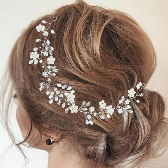 Pearl Bride Wedding Hair Vine Silver Crystal Bridal Hair Piece Flower Headpiece Rhinestones Hair Accessories for Women and Girls(13.8 Inches)