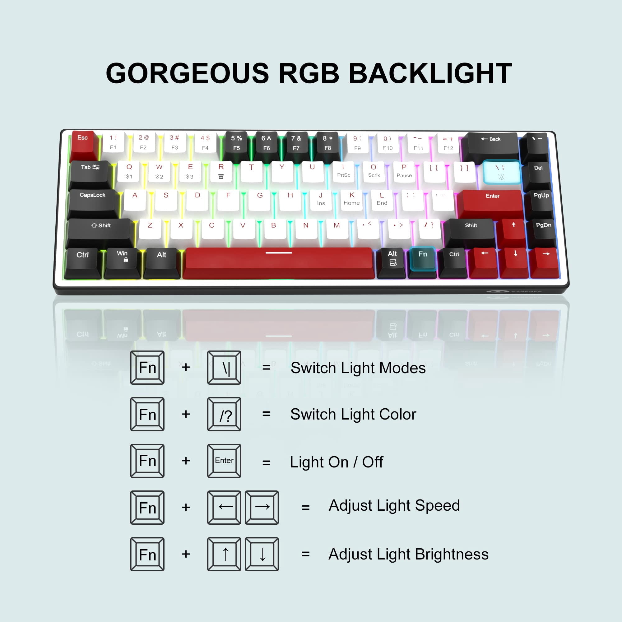 MageGee 60% Wireless Mechanical Gaming Keyboard, 68 Keys Compact RGB Backlit Gaming Keyboard, Wired/Wireless 3-Mode (Red Switch, Black & White)