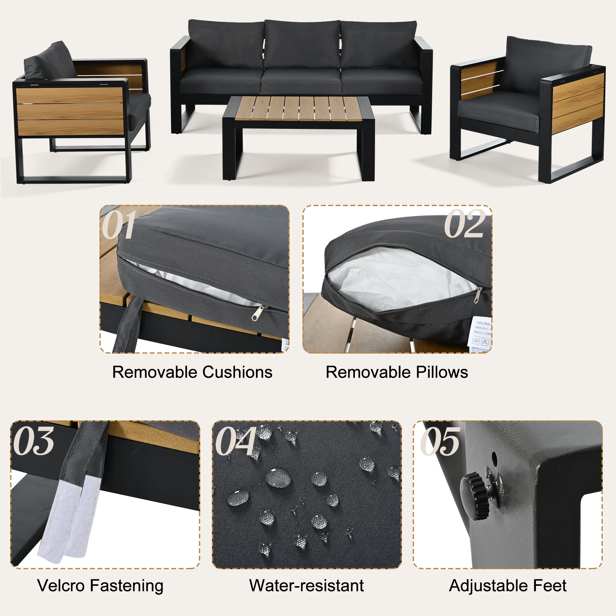 Mintazer 4 Piece Aluminum Outdoor Conversation Set with Tables & Sofa and 2 Armchairs, Modern Patio Furniture Set with Cushions for Patio Garden Balcony Backyard, Grey & Natural