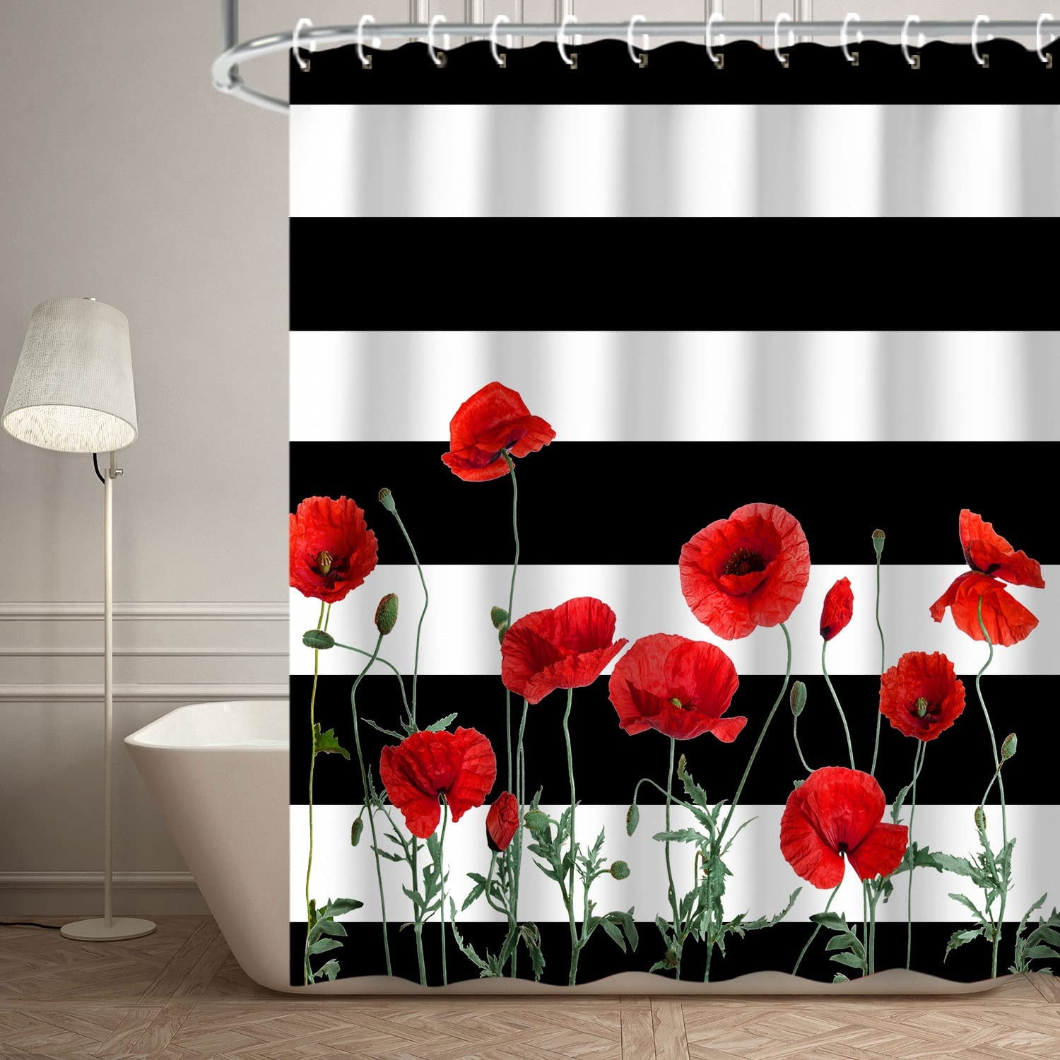 Floral Shower Curtain Flower Shower Curtain Shower Curtain Stripe Poppy Shower Curtain Black and White Striped Shower Curtains Set with Hooks Red and White Shower Curtains for Bathroom, 72" Wx72 H