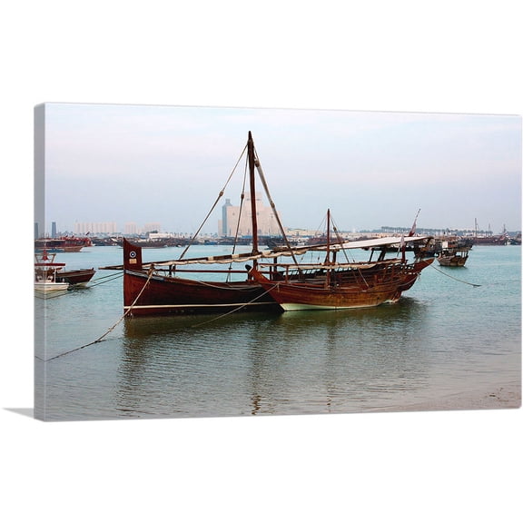 ARTCANVAS Boat in a Bay Doha Qatar Canvas Art Print - Size: 40" x 26" (0.75" Deep)