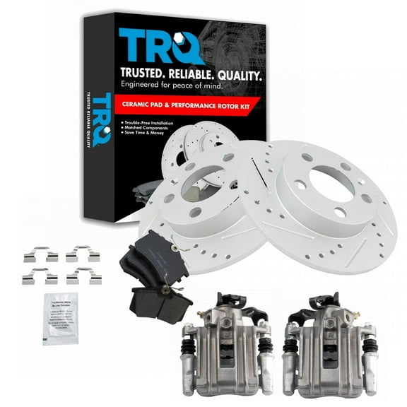 TRQ Rear Performance Brake Pad & Rotor Kit Brake Caliper Brake Pads Brake Rotors Set Ceramic Solid Premium G-Coated Fits Select 2007-2010 Volkswagen Beetle