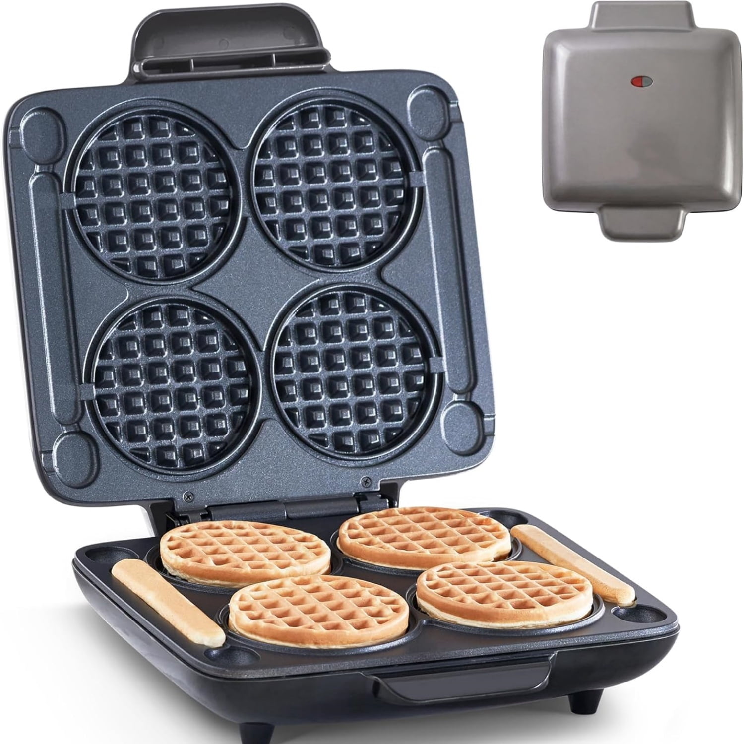 Multi Mini Waffle Maker - Makes Four Waffles at Once for Family Breakfasts - Dual Nonstick Heating Plates & Easy-Release Surface - Compact & Fast-Heating - Graphite