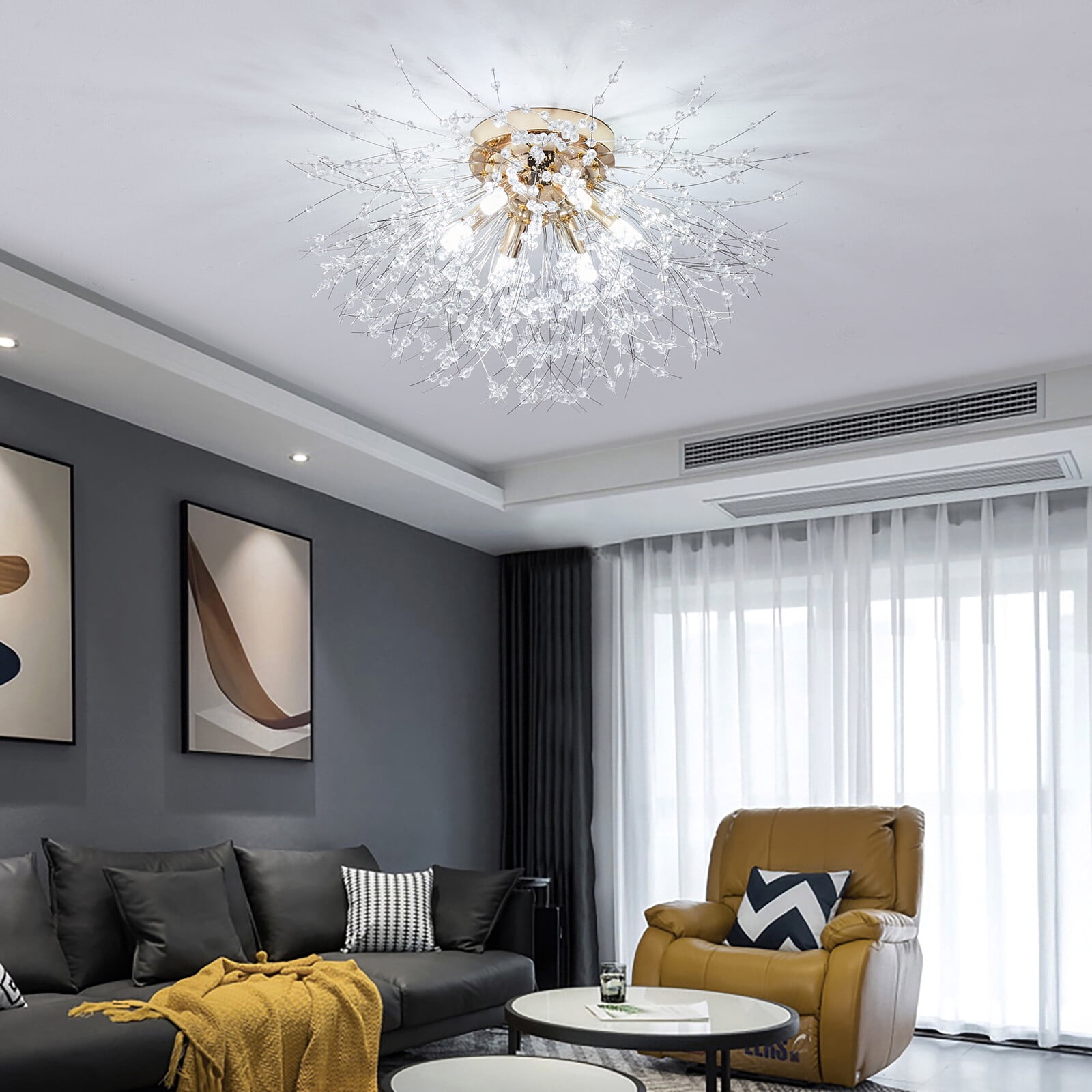 15.8'' Gold Crystal Chandelier - Dimmable LED Flush Mount Ceiling Light For Living Room, Dining Room, Bedroom