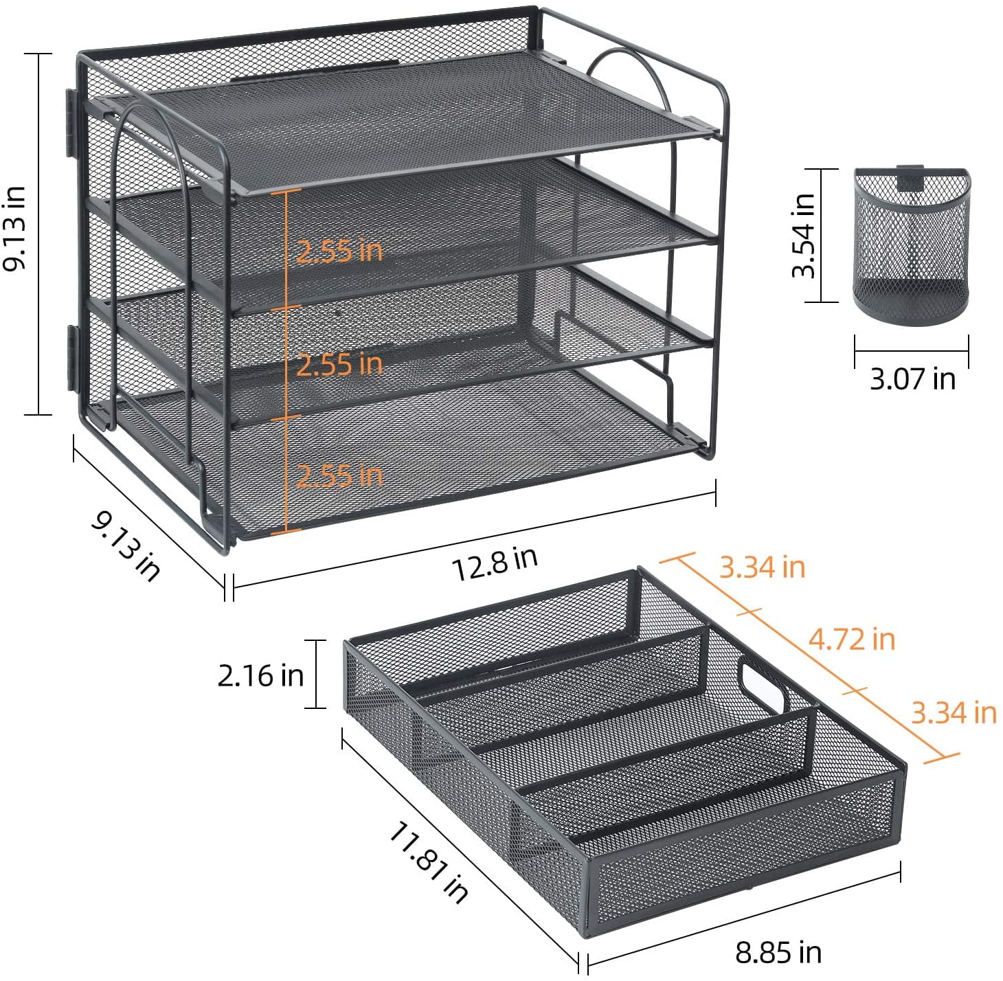 Marbrasse 4-Tier Desk Organizer with Drawer – Multi-Functional Desktop File Holder with Pen & Pencil Cup, Letter Tray Organizer for Office Supplies, Black Metal File Organizer for Home and Office