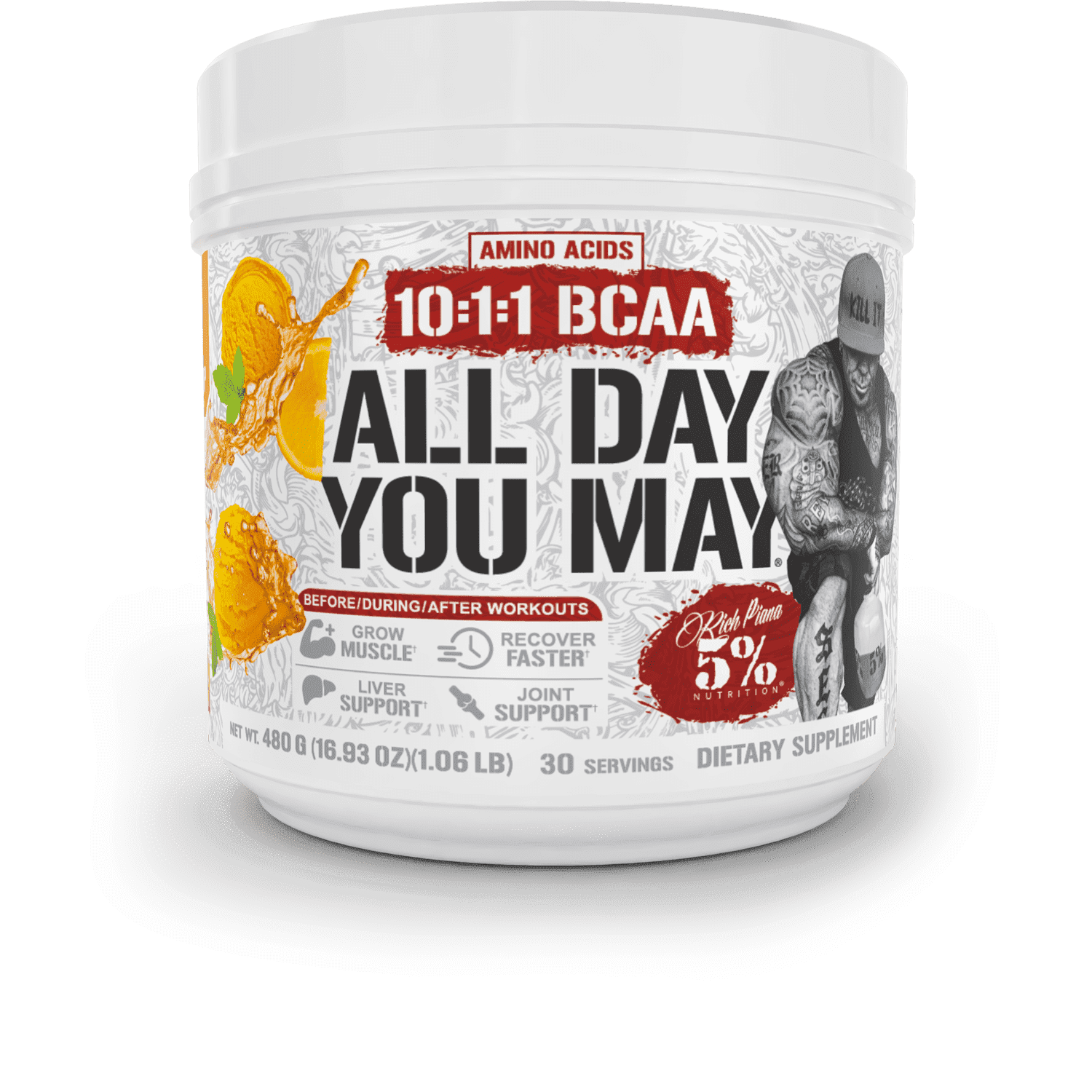 5% Nutrition AllDayYouMay BCAA Amino Acids Powder Supplement, Workout Hydration, Muscle Recovery, Joint & Liver Support - 30 Servings (Push Pop)