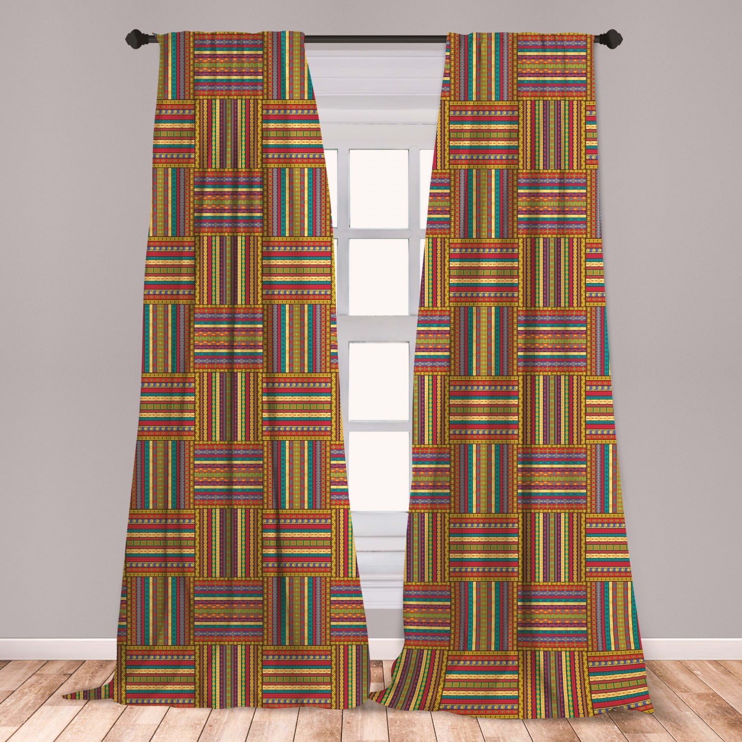 African Curtains 2 Panels Set, Borders Pattern Old Fashioned Culture