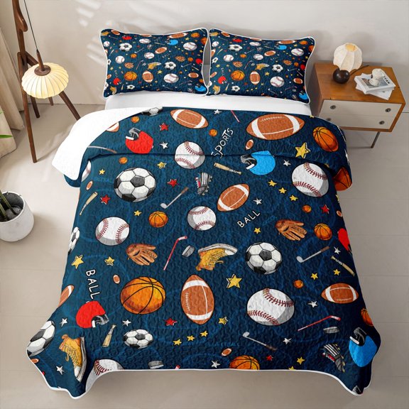Erosebridal Multi Sport Ball Cartoon Twin Quilt Set,Football Basketball BallTwin Coverlet Set For Boys,2 Pieces