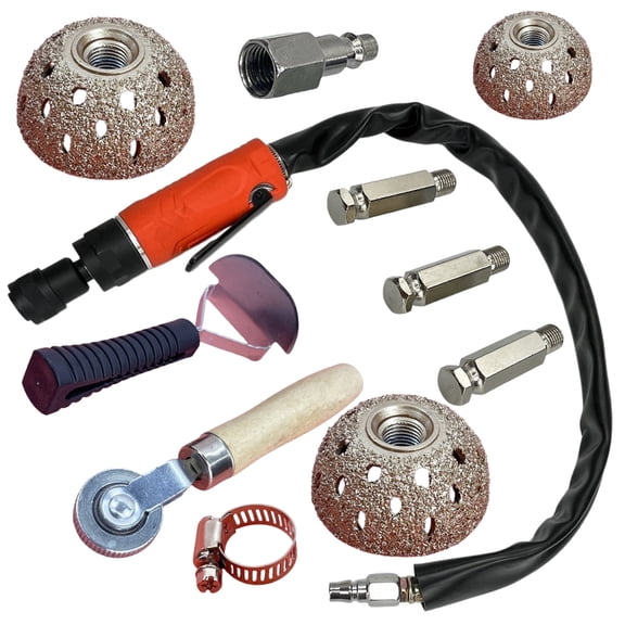 Tire polishing and repair tool kit, including a 2500 rpm low-speed tire polisher, tire inner liner scraper, repair roller, and tungsten carbide polishing wheel, red.