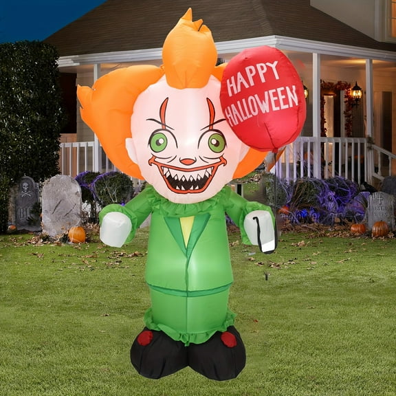 6 FT Halloween Inflatable Clown holding A Balloon, Blow Up Halloween Decorations with Build-in LED for Halloween Party, Haunted Indoor, Outdoor, Yard Decor Costume Party
