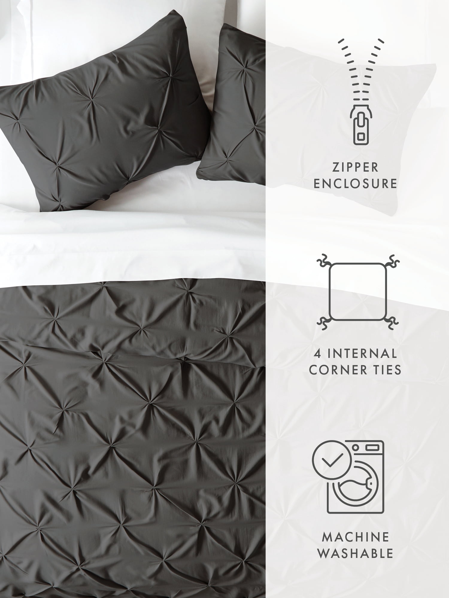 Comfort Canopy - 3 Piece Gray Pinch Pleated Duvet Cover Set with Shams for Queen Size Bedding