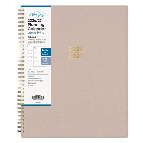 Blue Sky 2026-2027 Large Print Weekly and Monthly Academic Year Planner Calendar, July 2026 - June 2027, 8.5" x 11", Flexible Cover, Wirebound, Storage Pocket, Laminated Tabs, Sand