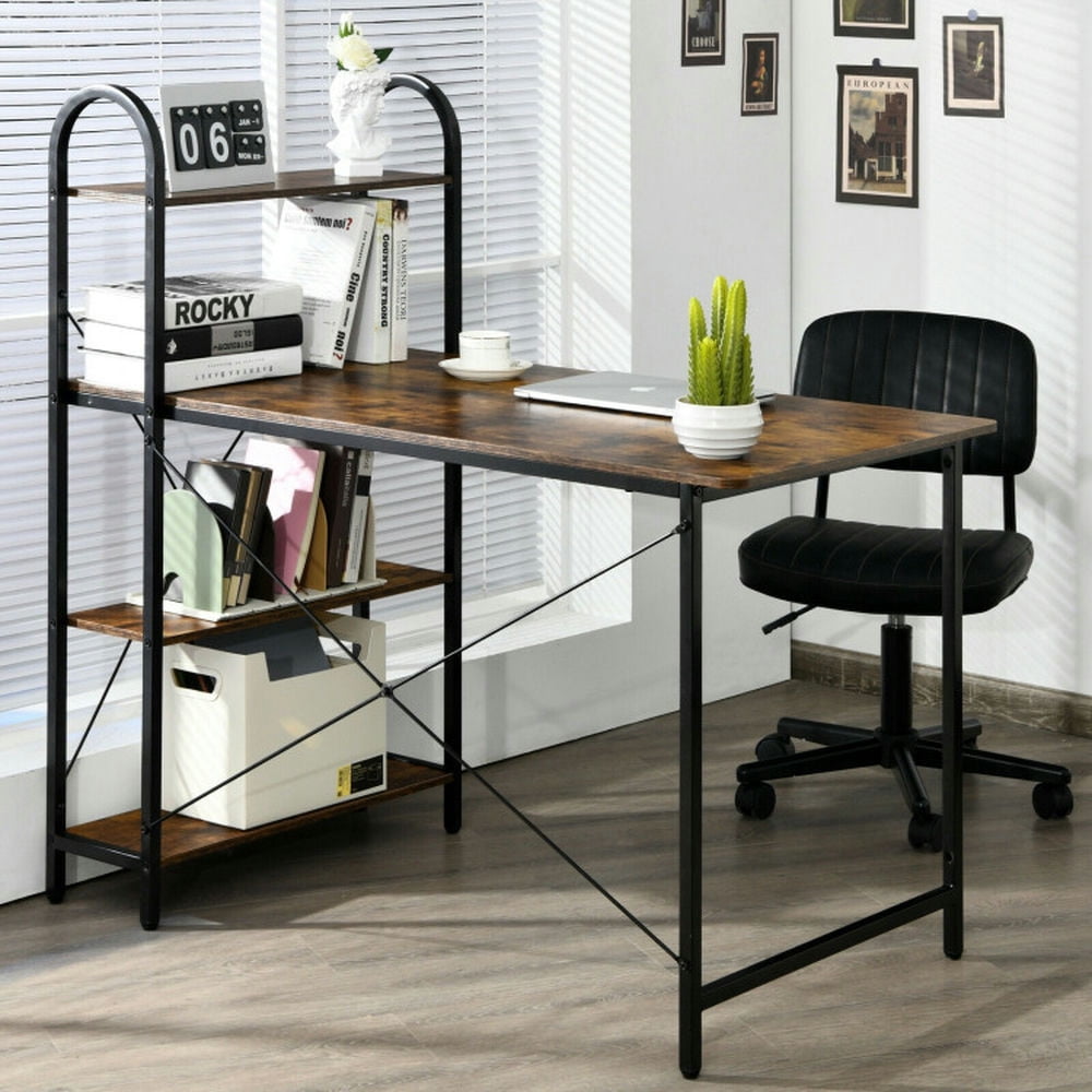 Demi Bonn 48" Reversible Computer Desk with Storage Shelf, Small Home Office Desk Study Writing Table, Rustic Brown