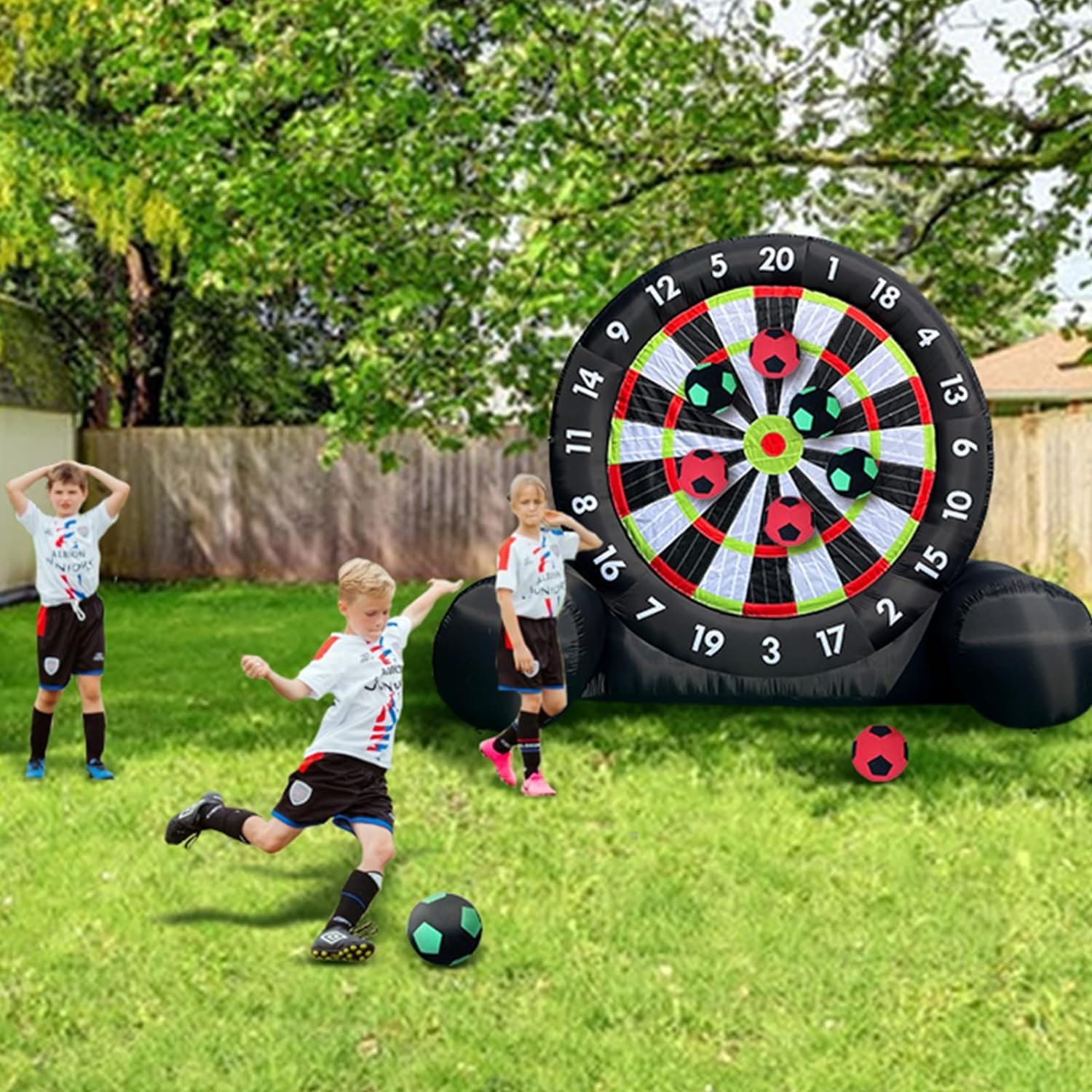 OZIS 10Ft Tall Giant Inflatable Soccer Ball Darts Board with 8pcs Soccer Ball & 350W Blower
