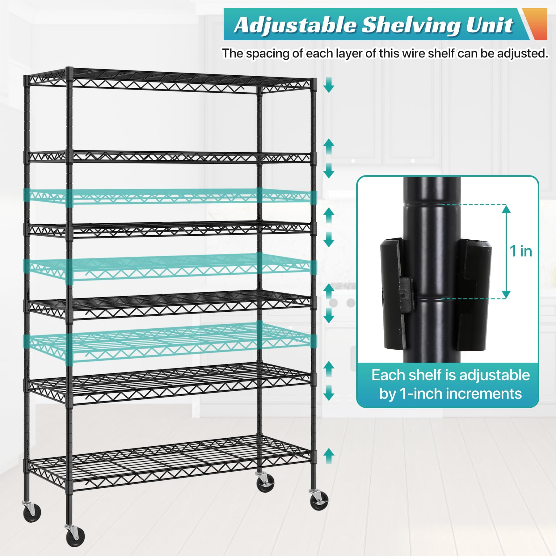 6-Tier Storage Shelves 45" x 18" x 82" Heavy Duty Metal Shelving Unit 2100Lb Capacity Adjustable Storage Racks with Wheels for Basement Commercial, Black