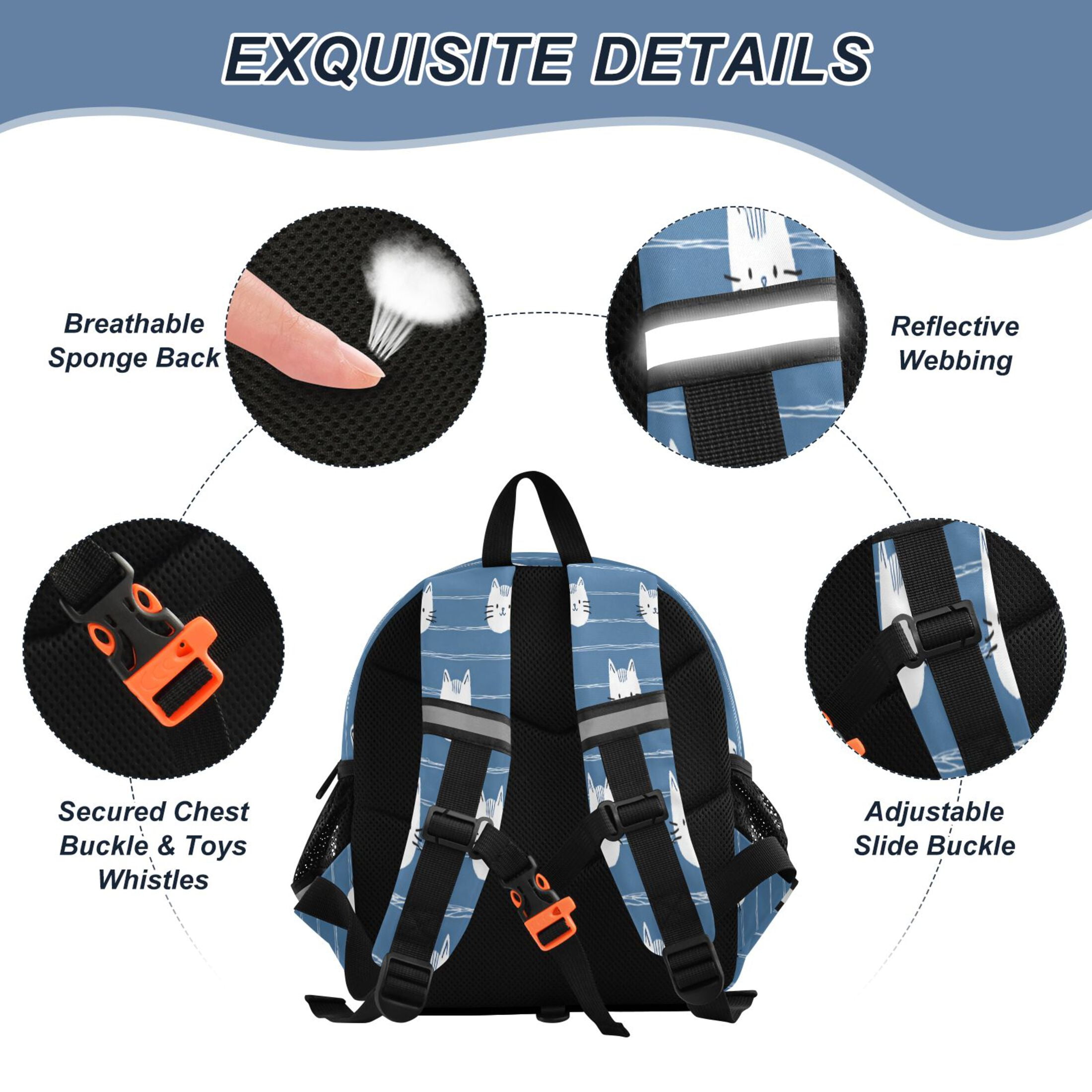 RMDQTR Adorable Ear-Print Backpack with Reflective Strip and Anti-Lost Leash Adjustable Shoulder Straps Mini Travel Backpack Cat Face Seamless Pattern