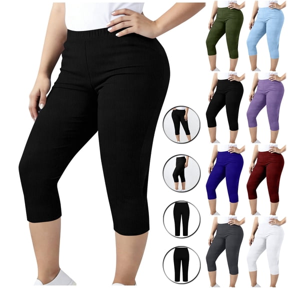 Bloomae Women Ribbed Knit Capri Pants Plus Size Stretch Knee Length Slim Fit Basic Athletic Workout Leggings Elastic Waist Casual Summer Ladies Pull On Capris