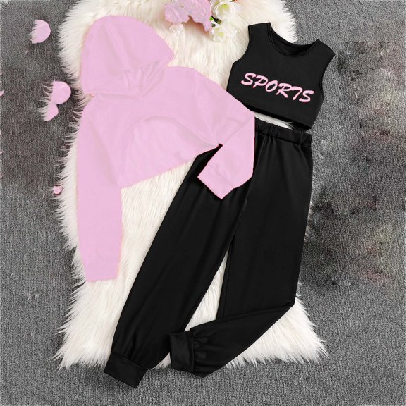 YWIYIUD Girls 3 Piece Outfits Graphic Crop Top Camisole and Sweatpants Set Summer Workout Shirt Tank and Pants Overalls Outfits Fall Crop Hoodie Ribbed Tank and Trousers Set 7-8 Years