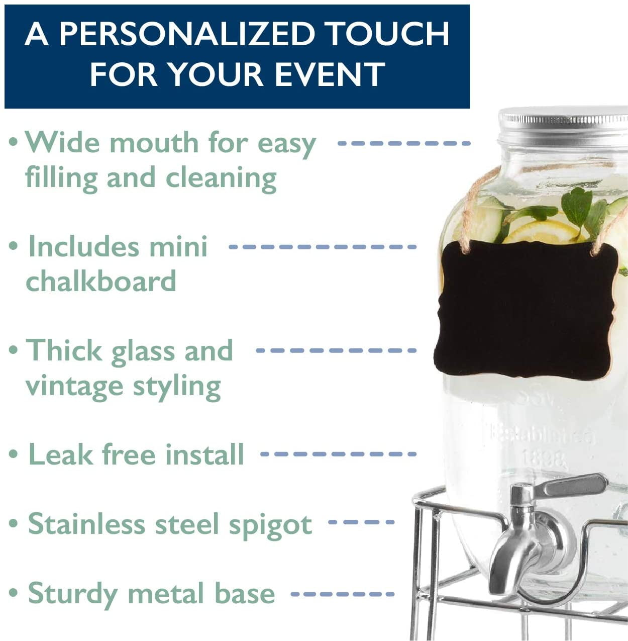 2 Gallon Glass Beverage Dispenser with Infuser, Metal Base, Stainless Steel  Spigot & Hanging Chalkboard - Outdoor Drink Dispenser for Lemonade, Tea