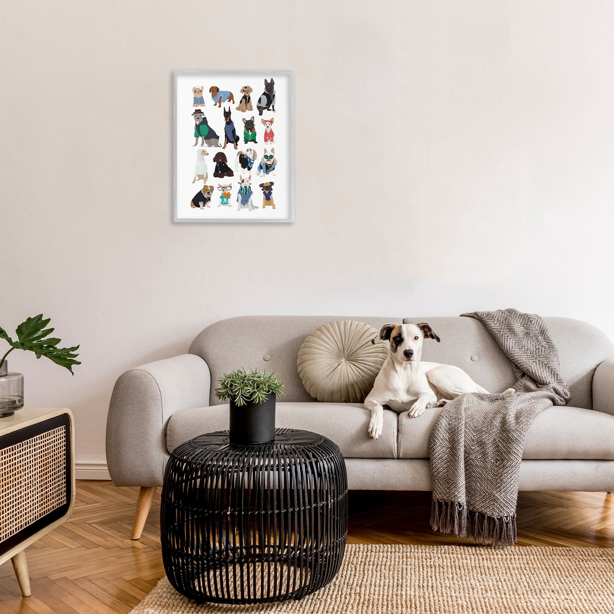 Stupell Industries Dogs with Various Fashion Animals & Insects Painting Gray Framed Art Print Wall Art, 24 x 30