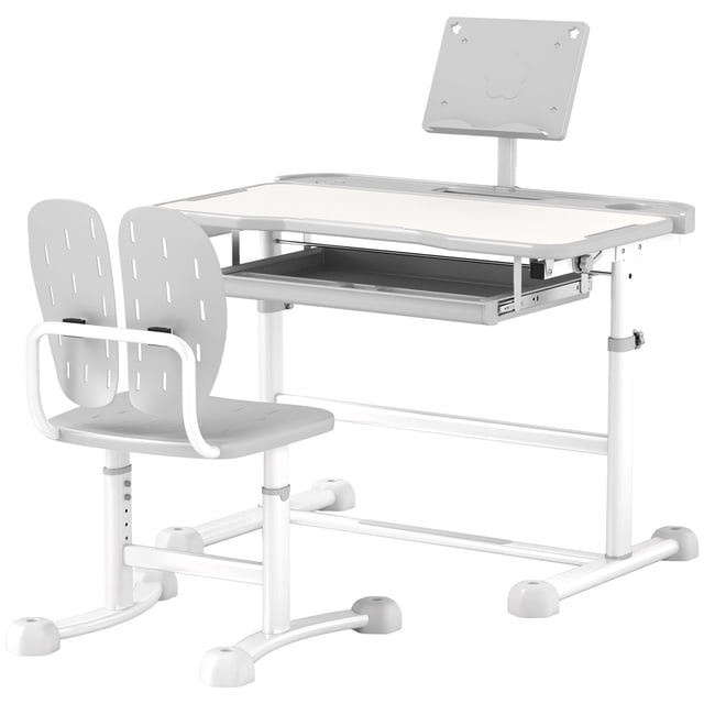 Qaba Ensemble Bureau et Chaise à Hauteur Réglable avec Plateau Inclinable à 45°, MDF et Acier, Tiroir de Rangement, Support de Livre, Gris, Station d'Étude Ergonomique pour Bureau à Domicile, Chambre Ou Salle de Jeux