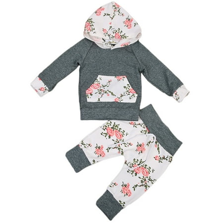 

Infant Baby Girl Floral Pattern Long Sleeve Hoodie and Pants 2 pcs Cotton Outfit (90/12-18 Months Slate)