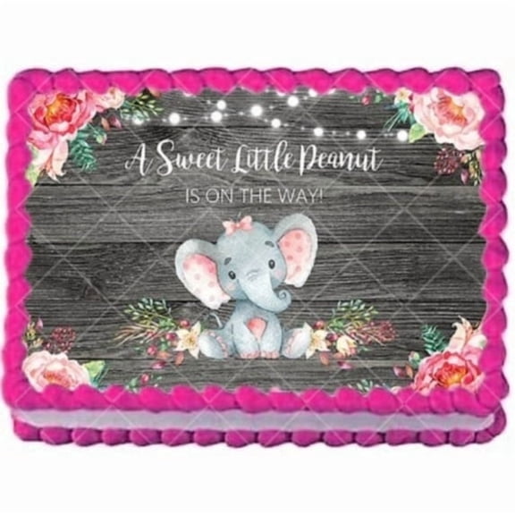 Pink & Gray Sweet Little Peanut is on the Way Elephant Edible Icing Image Cake Topper, by Tnct.