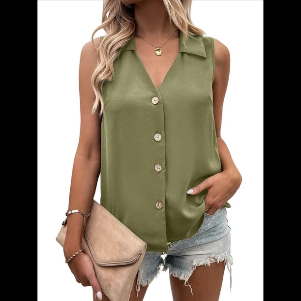 Blusa Tipo Túnica Informal con Cuello en V y Botones, Sin Mangas, para Mujer Verde XXXL