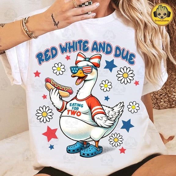Red White and Due Tshirt, Funny Pregnant Goose 4th of July Tshirt, Patriotic Mama Goose Tshirt, New Mom Tshirt, Retro Hotdog USA Shirt