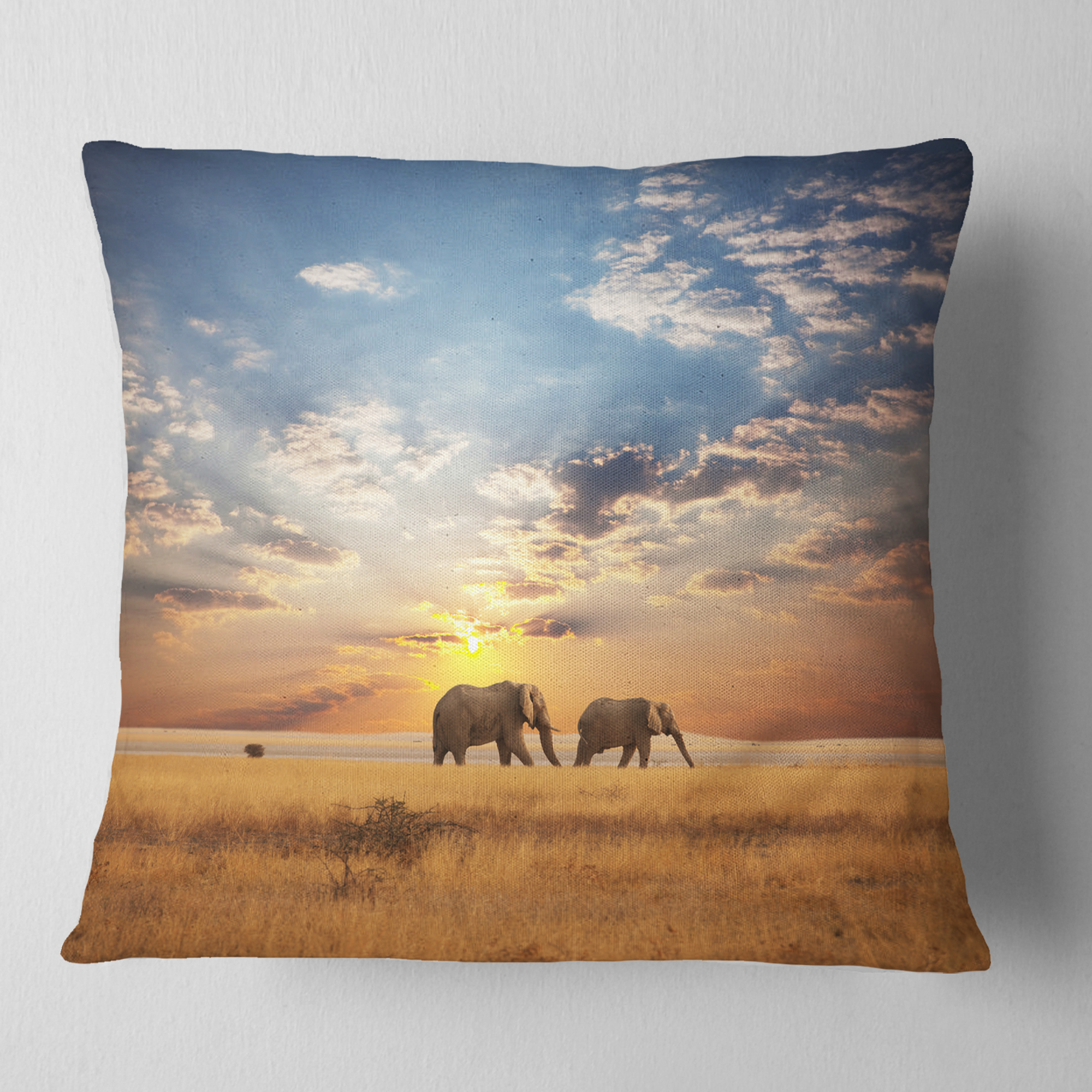 Designart Elephants Walking Along River Bank - Animal Throw Pillow - 16x16