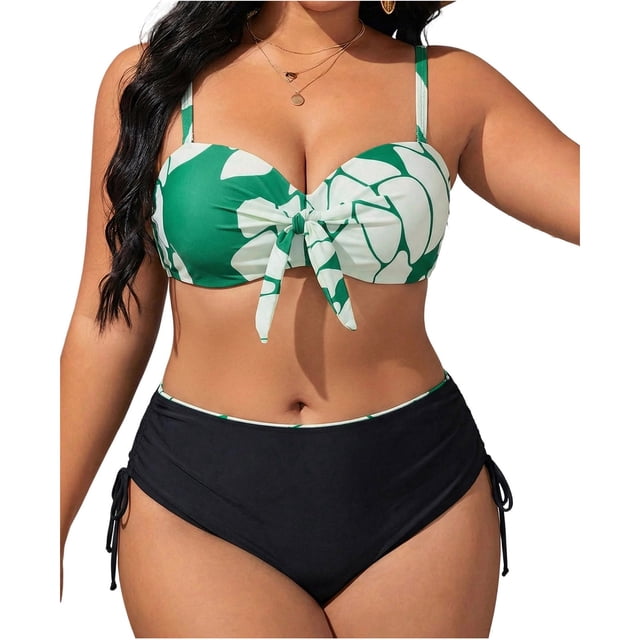 Tauxra Plus Size Swimsuits for Women Tummy Control 2 Piece Printed Side Tie Swimsuits Split Bathing Suits with Adjustable Straps, Ruched Front Tankini Sets for Curvy Figures