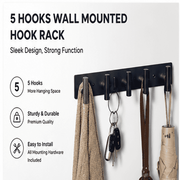 Black Hat and Coat Wall Mount Rack 5 Hooks for Robes, Bags, Keys, and Towels Bathroom Towel Hanger Organizer (1 Pack)