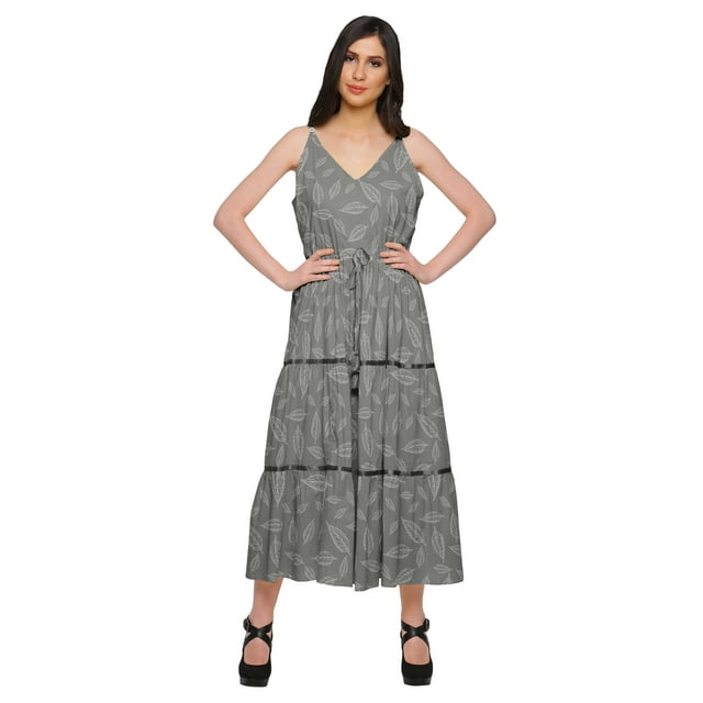 Moomaya Robe Longue Maxi pour Femmes en Coton Imprimé à Bretelles Spaghetti et Col en V