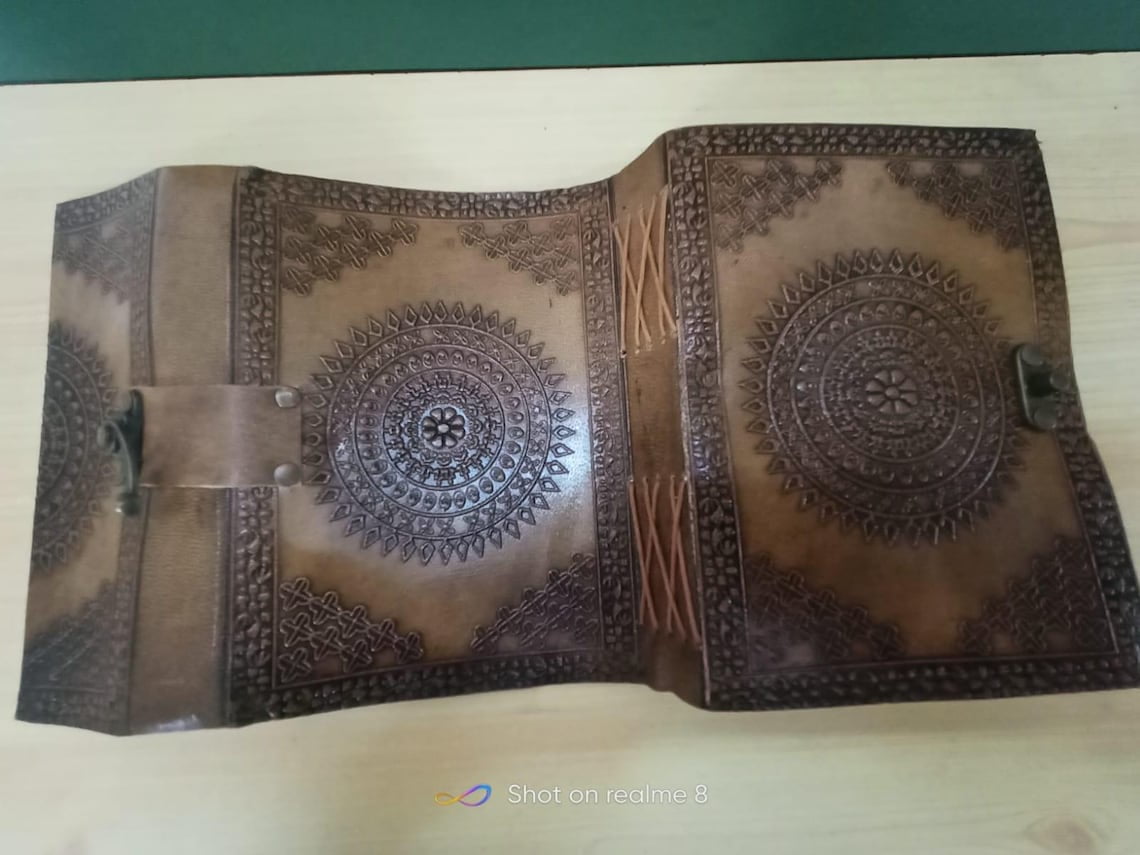 Hand Embossed Leather Journal Mandala Design with Brass Clasp, Tan Boho Notebook, Handmade Diary