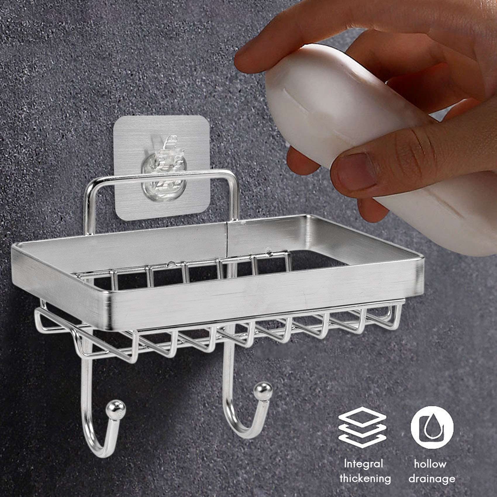 TSV Double Tier Soap Dish, Stainless Steel Soap Holder with Hooks, Non-Trace Adhesive No Drilling, Wall-Mounted Bar Soap Sponge Holder for Shower