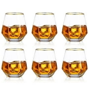 Glasseam 10oz Old Fashioned Diamond Whiskey Glasses With Gold Rim Set of 6 Scotch Glasses for Father's Day Gift