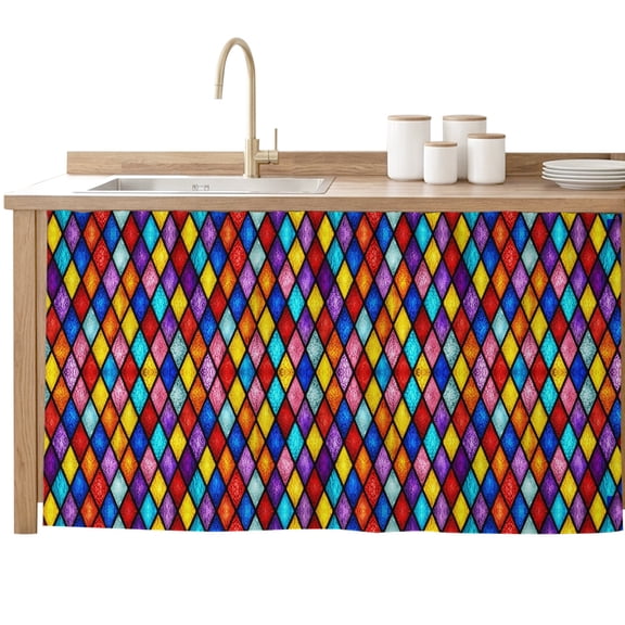 Colorful Rhombic Sink Skirt for Bathroom, Self-Adhesive Under Sink Curtain, Modern Abstract Geometric Retro Rustic Hide Pipes & Storage Fabric Cabinet Skirt Cover for Kitchen Laundry 32"x55"