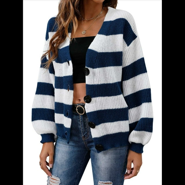 Cárdigan de Invierno A Rayas para Mujer, Larga, Botones, Frente Abierto, Punto Grueso, Abrigo Extragrande. Azul L