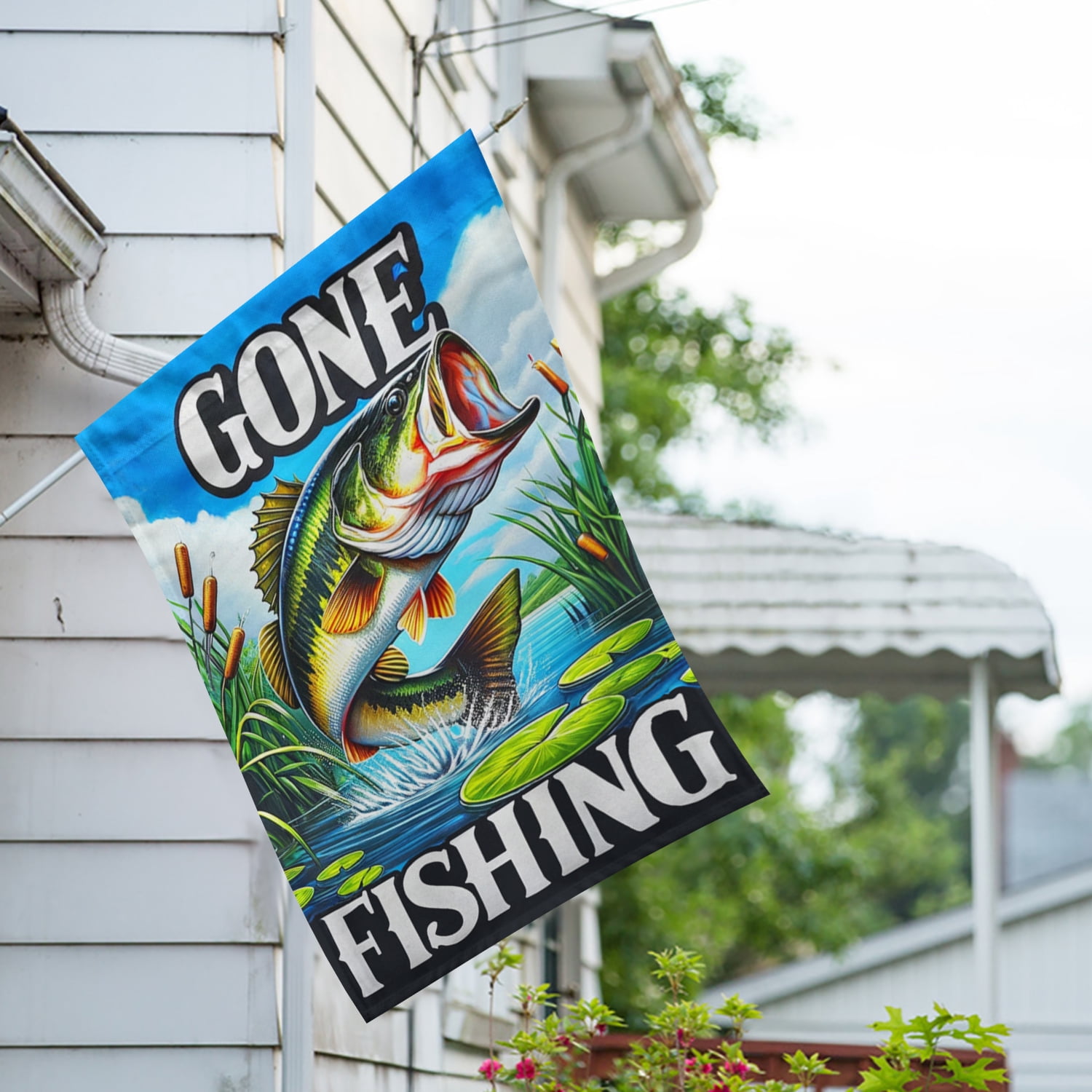 America Forever Gone Fishing Bass House Flag, 28 x 40 inch Double Sided, Lake Adventure Banner, Outdoor Fishing Decor, Angler Yard Flag