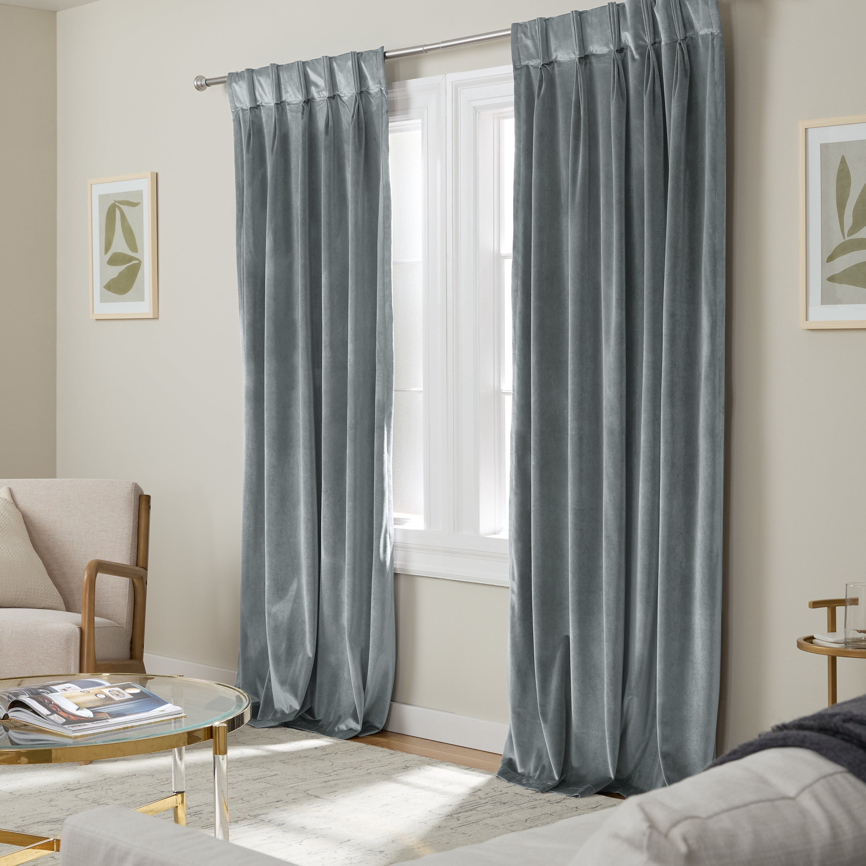 TOWN & COUNTRY LUXE Velour Solid Heavyweight Indoor Curtains, Light Filtering Opacity, Triple Pinch Pleat Top, Plush Velvet, 2-Pack Set, 27"x108", Soft Grey