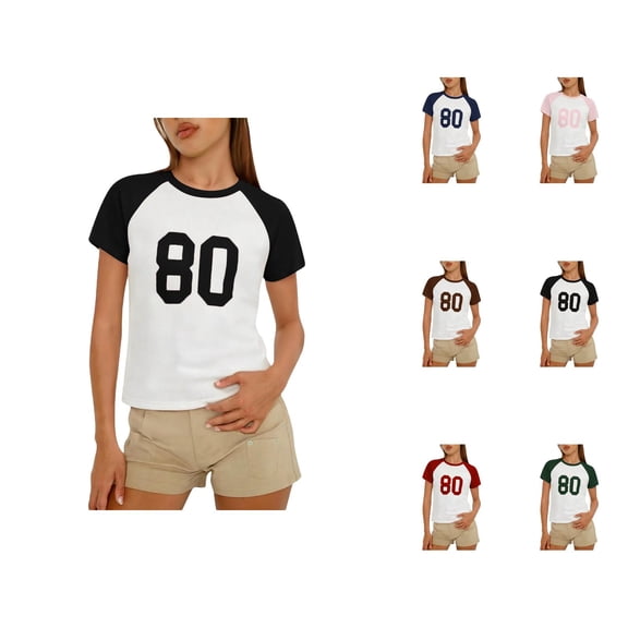 Number 80 Graphic Tees for Women Summer Casual Color Block Short Sleeve Crewneck Short Length Tshirts