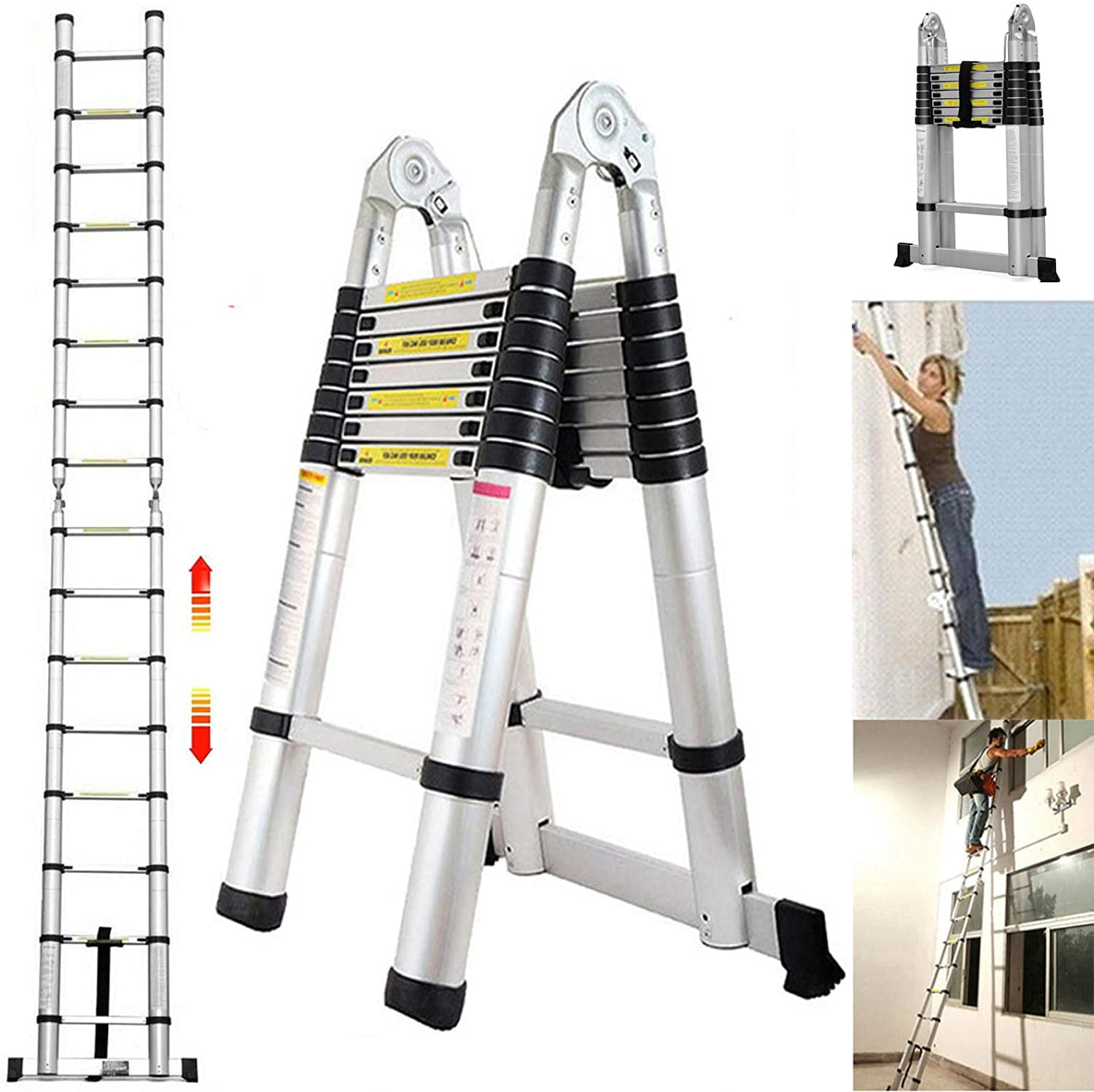 2.5m+2.5m Folding Telescopic Ladders EN131 Silver Aluminum Telescoping Ladder A-Frame Straight Ladder Loft Home Office Outdoors Max Capacity 330LB Portable Extendable Ladder w/ Stabilizer