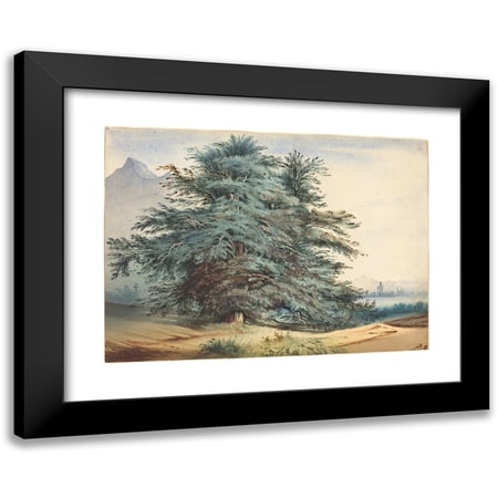 Jules Dupré 14x11 Black Modern Framed Museum Art Print Titled - Two Ancient Trees Before a Mountain Peak (C. 1830)