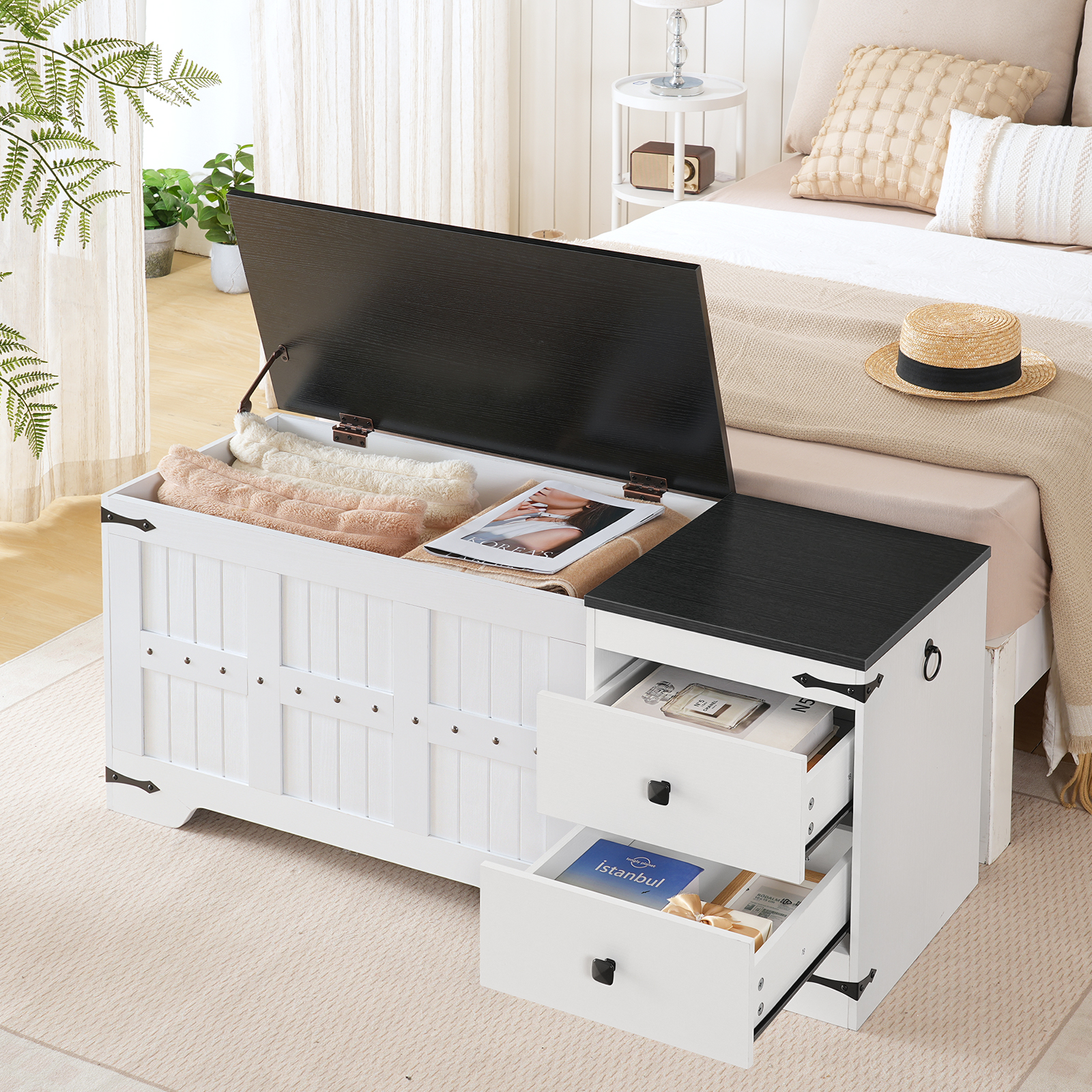 HOOBRO Wooden Toy Storage Bench and Chest, Dual Drawers, Safe Hinge, Extra-Long Thick Top, Easy Assembly, Multipurpose Storage Organizer Trunk, for Living Room, Bedroom, White and Black WB212CW01