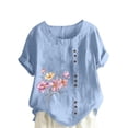 thumbnail image 2 of ALLLIST Womens Tops Clearance Under $10 Blue Crew Neck Printed Short Sleeve Button Floral T-Shirts Spring Blouse M, 2 of 5