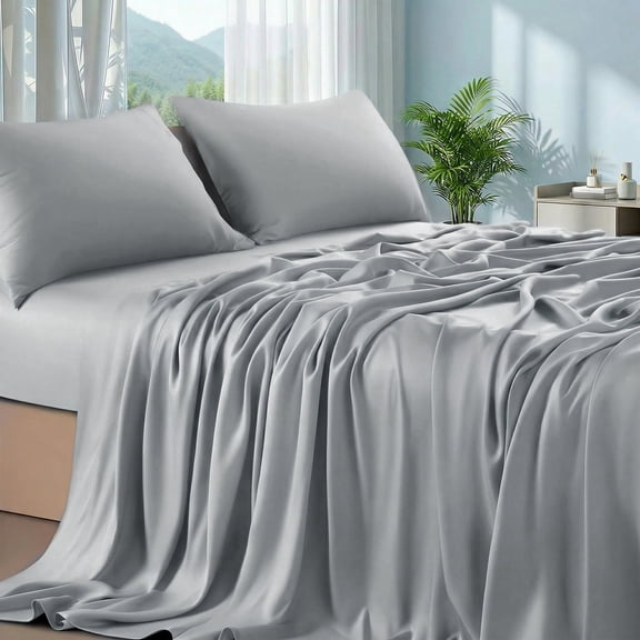 Bed Sheet Set - 3 Piece Cooling & Breathable Sheets with Deep Pocket Fitted Sheet, Soft Wrinkle Resistant for Twin Size Bed,Includes 1 Fitted Sheet, 1 Flat Sheet and 1 Pillowcase-Gray