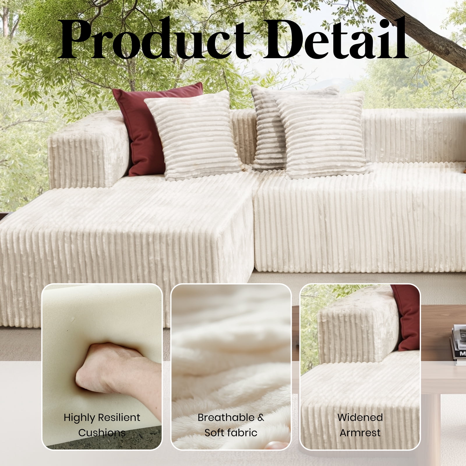 Kelyda 130'' U Shaped Sectional Couches, Modern Deep Seat Foam Boneless Cloud Sofa for Living Room Beige