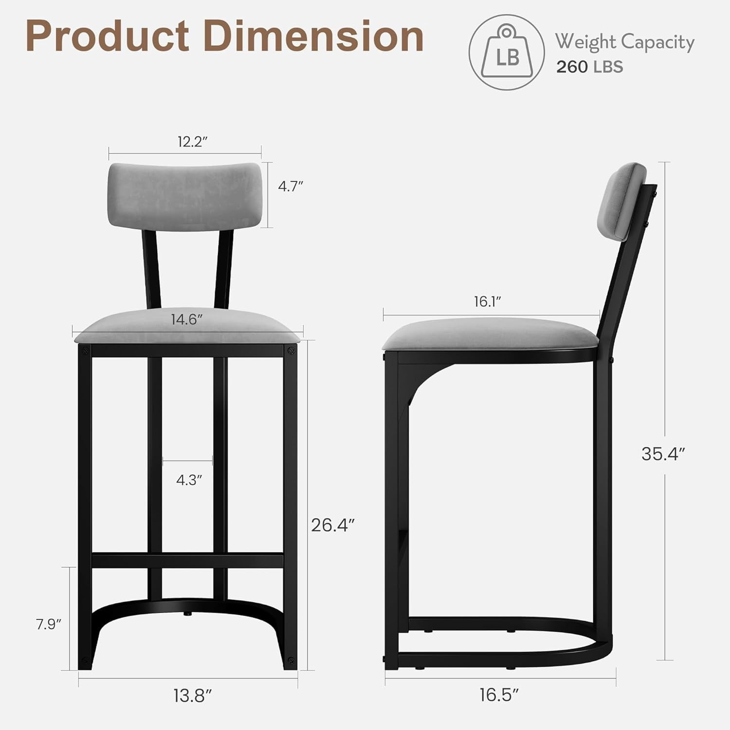 Home Bar Stools Set of 4, Counter Height Bar Stools, Curved Back with Metal Frame Island Chairs with Upholstered Modern Tall Barstools Counter Stools for Kitchen Dining Room